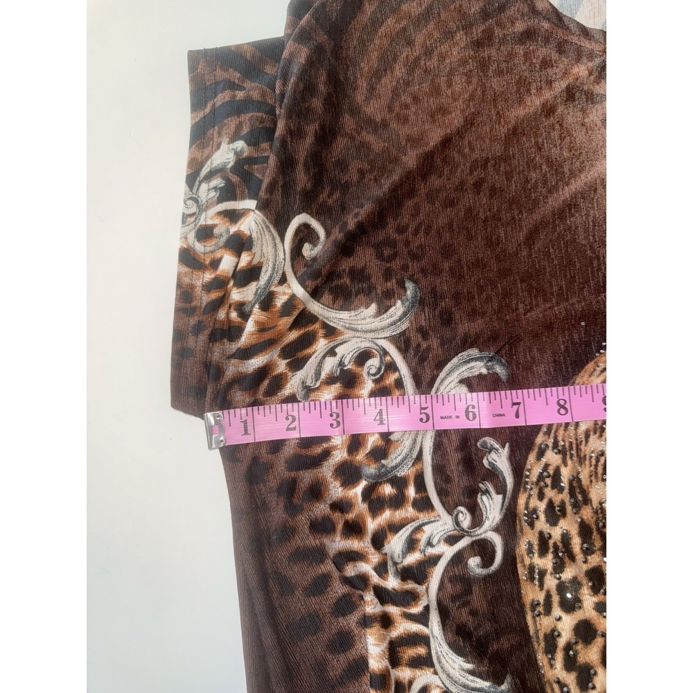 Blossom By P Leopard Tunic Top Rhinestone Bling Slinky Knit Animal Ruched L/XL - Picture 10 of 13